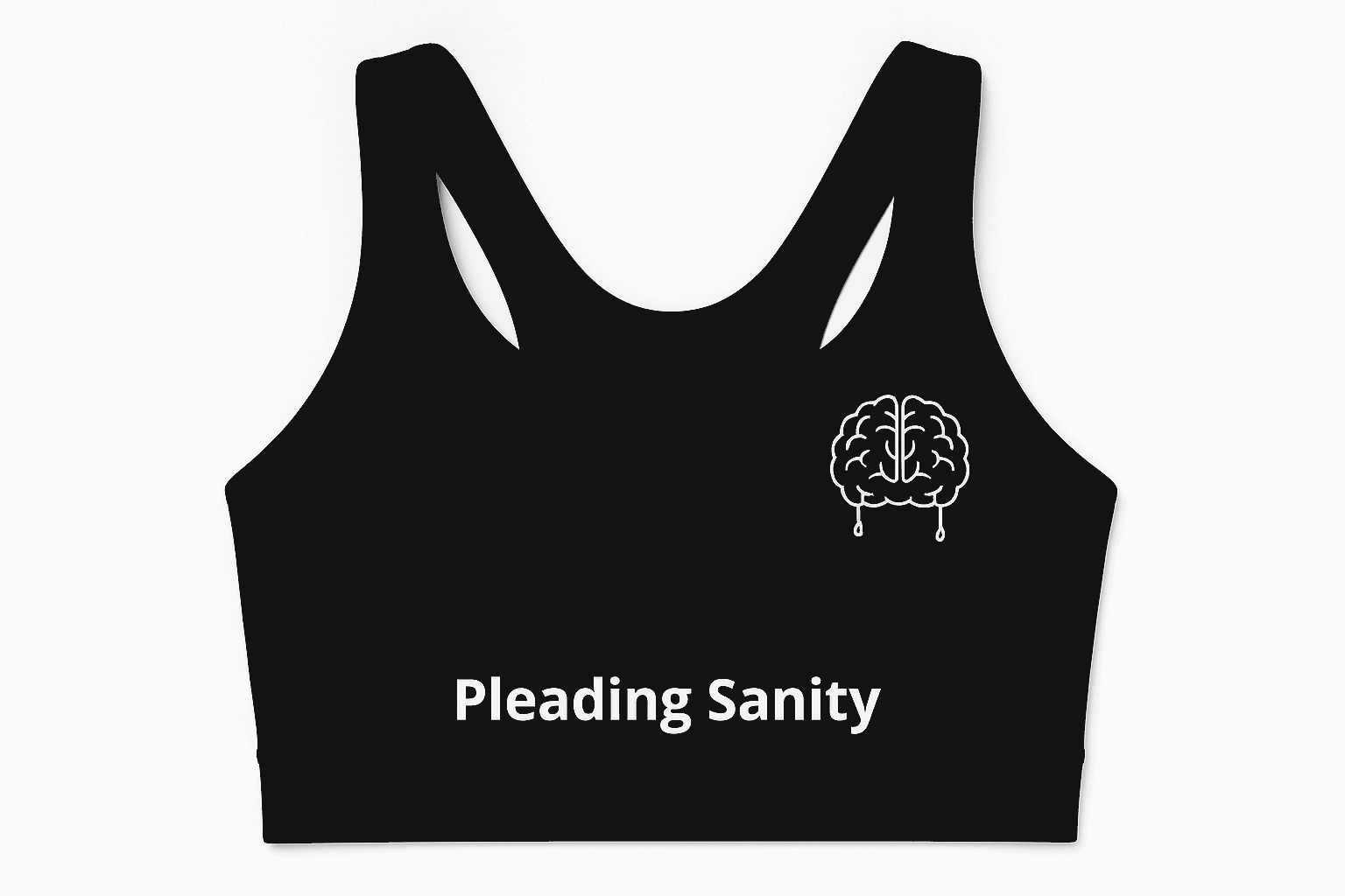 Pleading Sanity branded sports bra front view